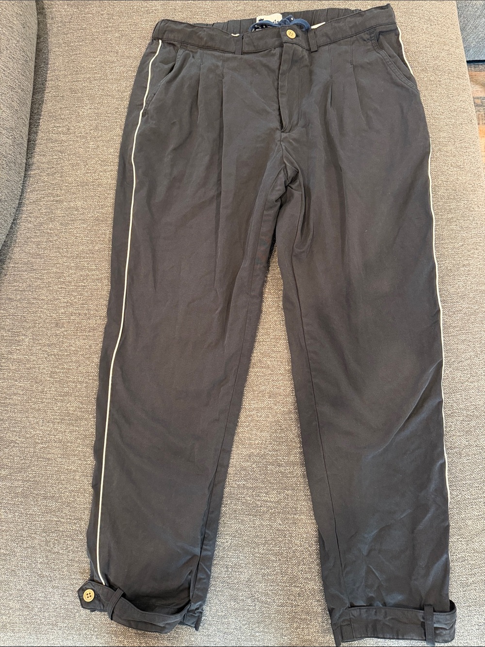 Men’s Tombolo Travel Pants: Navy Chinos with White Side Piping, adjustable ankle